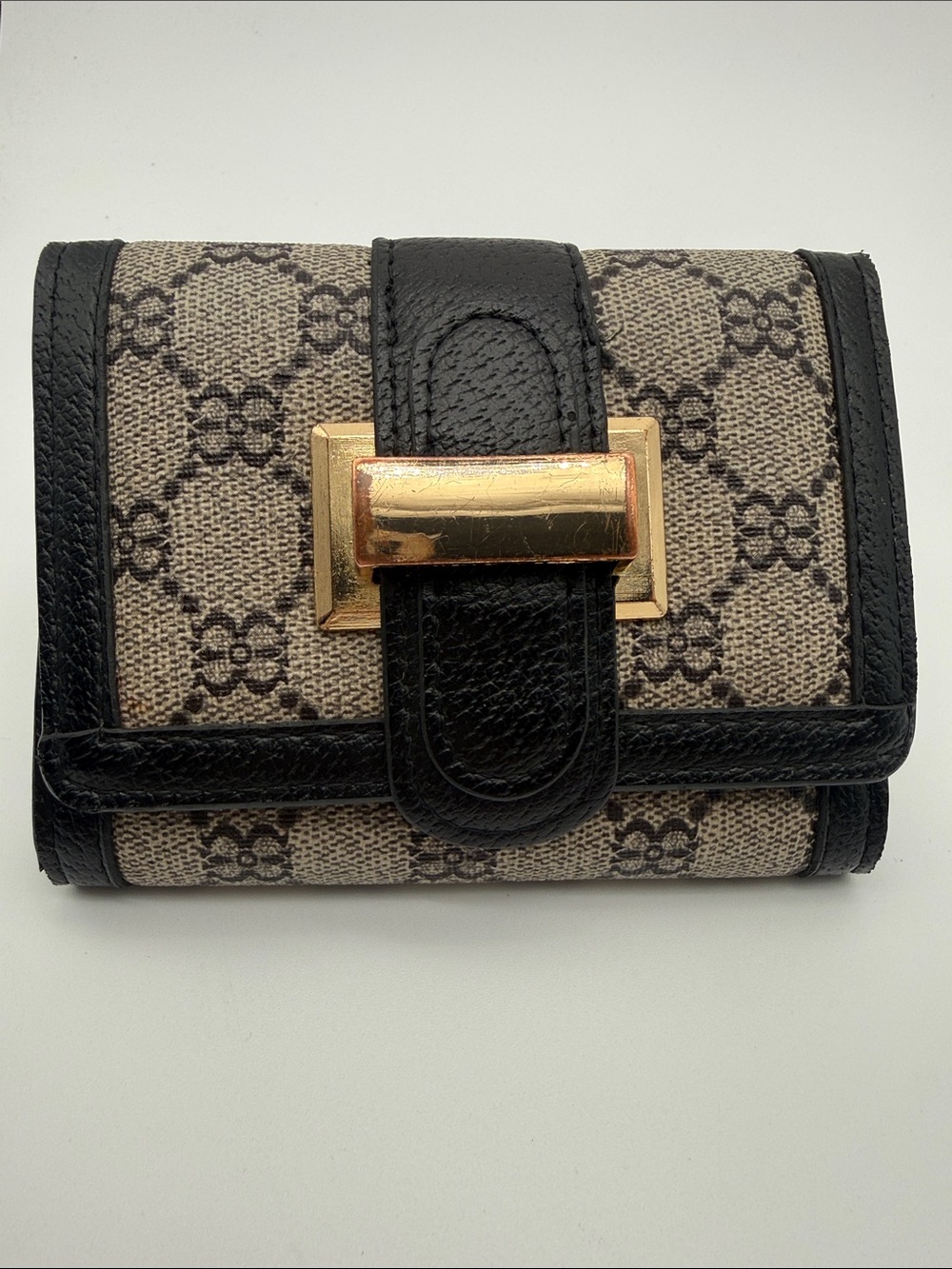 Black Beige Monogram Bifold Wallet Gold Buckle Designer Inspired